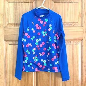 Girl’s size 6-7 Lands’ End long sleeved blue and pink rash guard/swim shirt